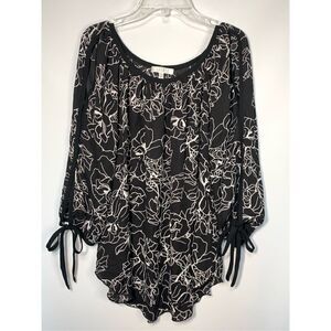 Spense Women's Floral Scoop Neck Cold Shoulder Blouse Black White Size Medium